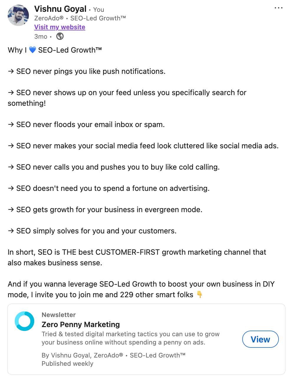 why i love seo-led growth – vishnu goyal on linkedin