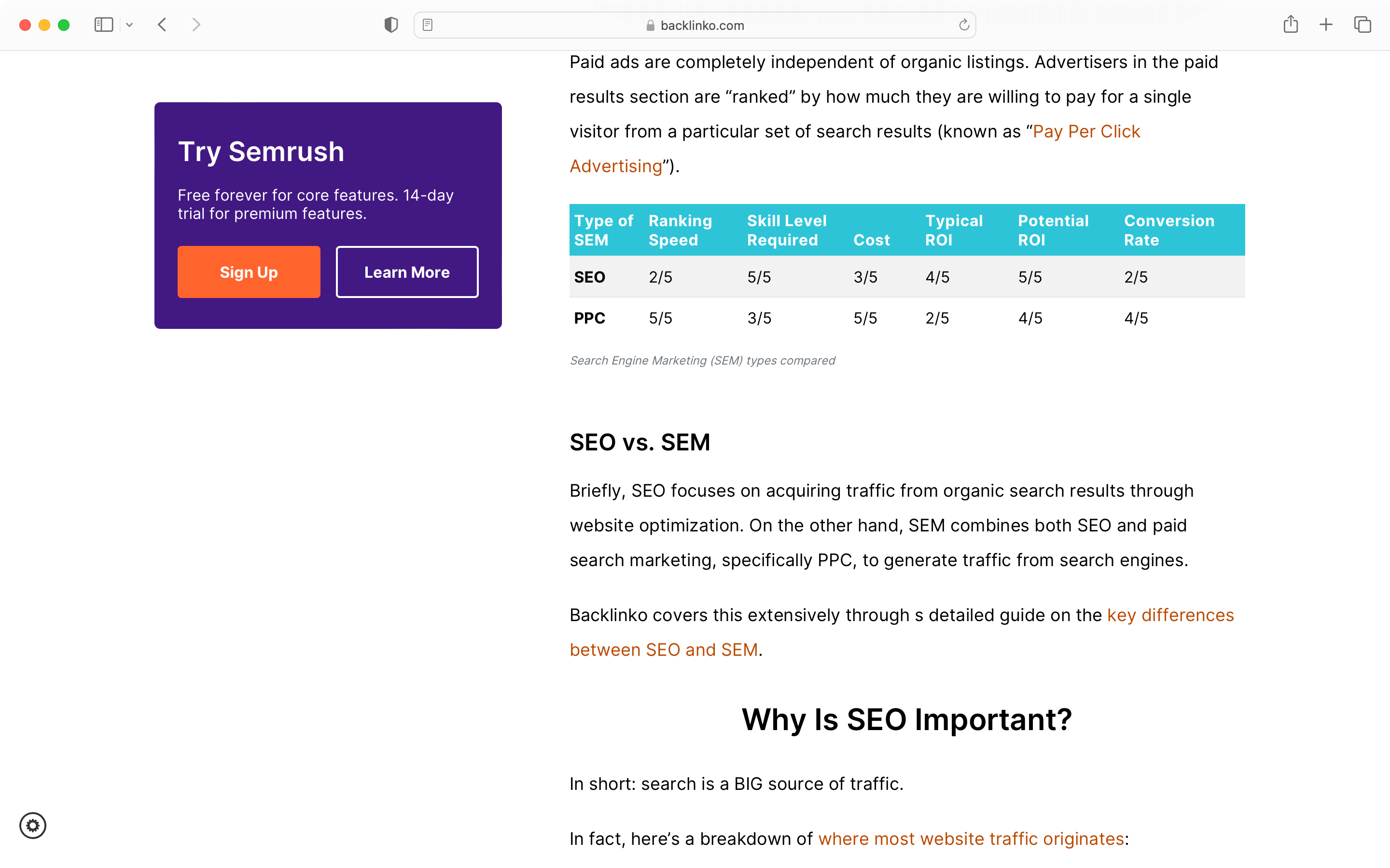 Example of pillar page one of the types of SEO content on Backlinko. 