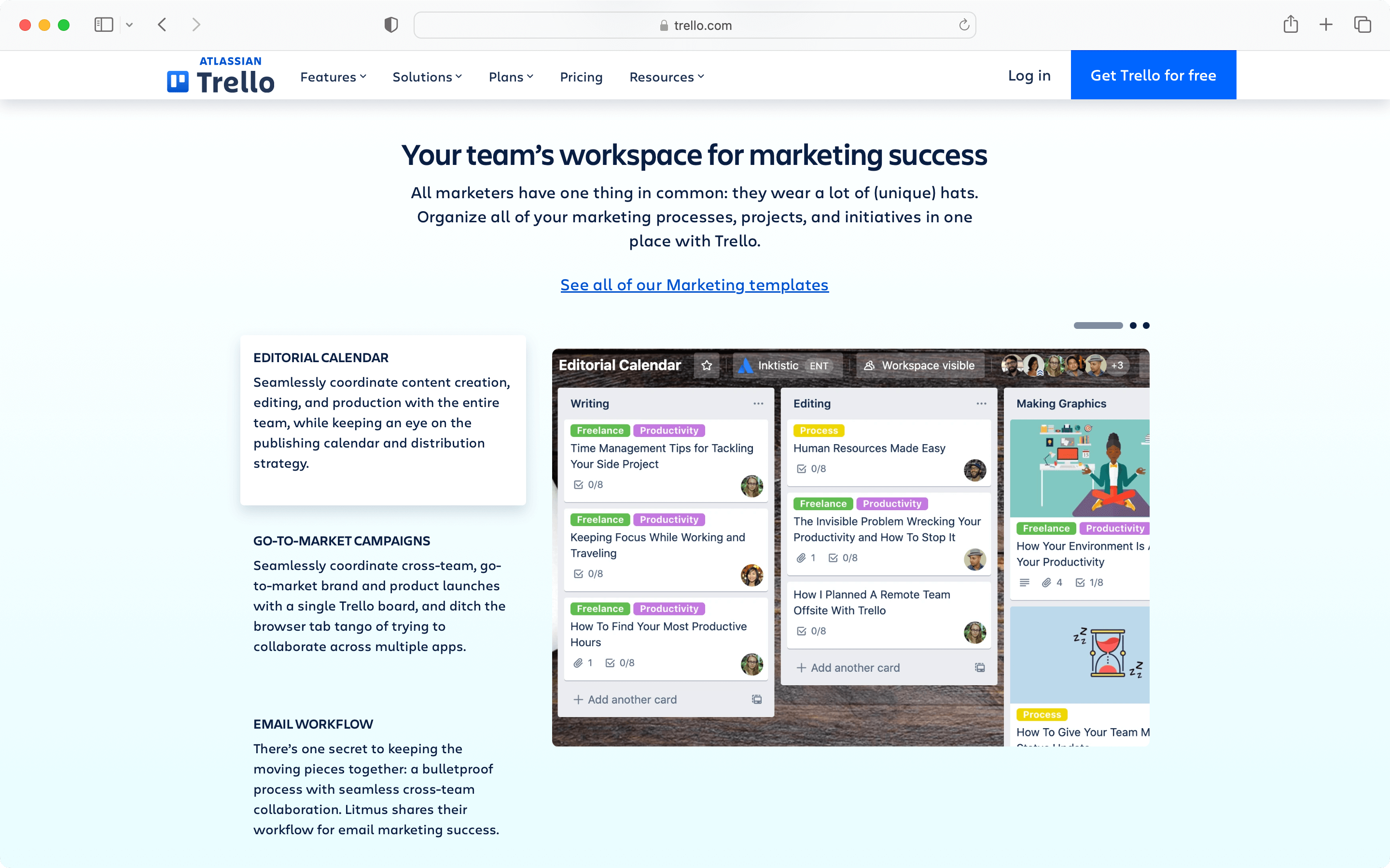 An example of types of SEO content of product led landing pages from Trello. 