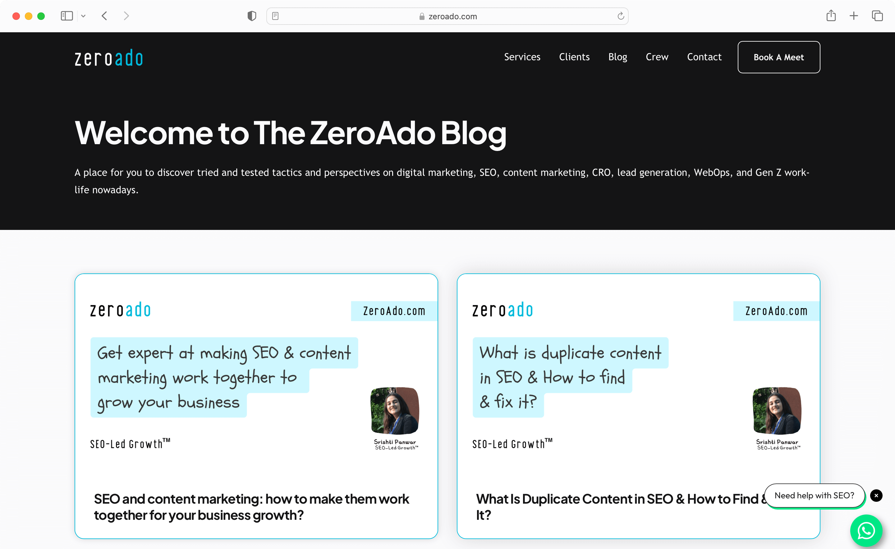 ZeroAdo is an example of SEO because of following a niche in content. 