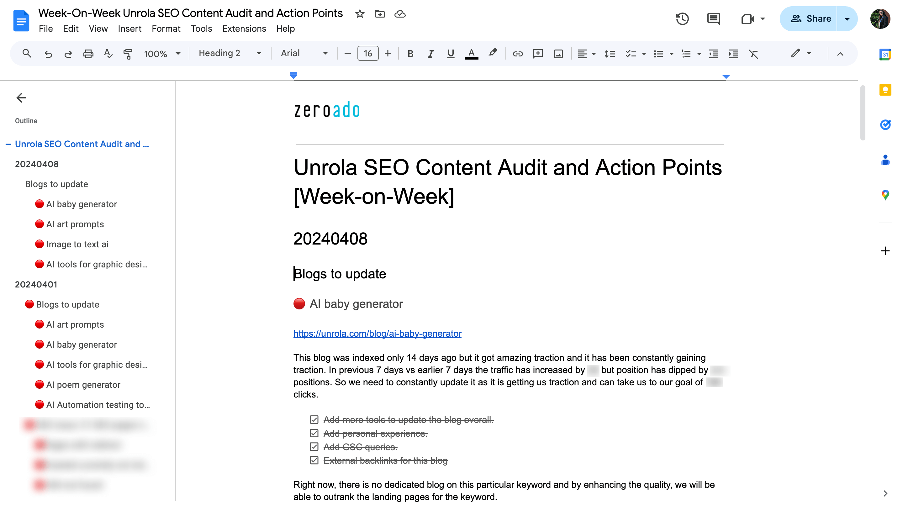 Create a document with detailed action points after SaaS content audit.