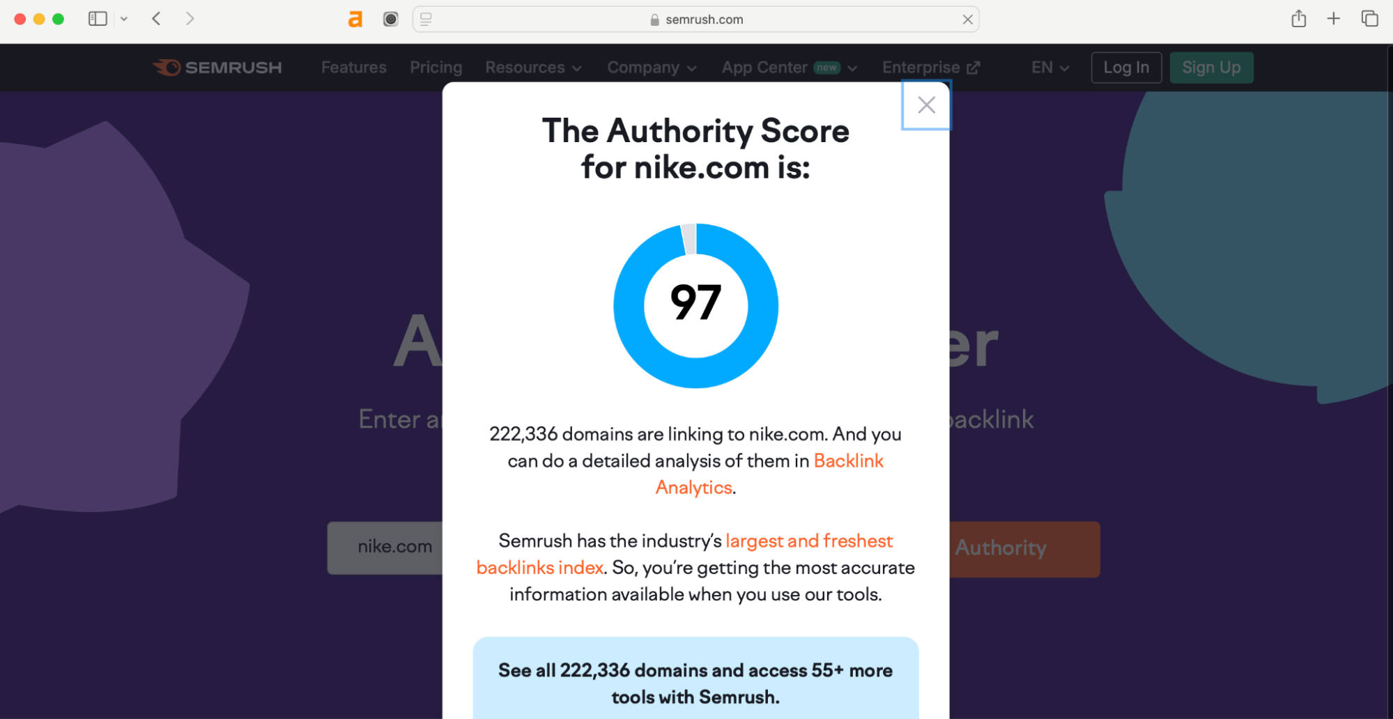 Check domain authority with SEMrush SEO tool.