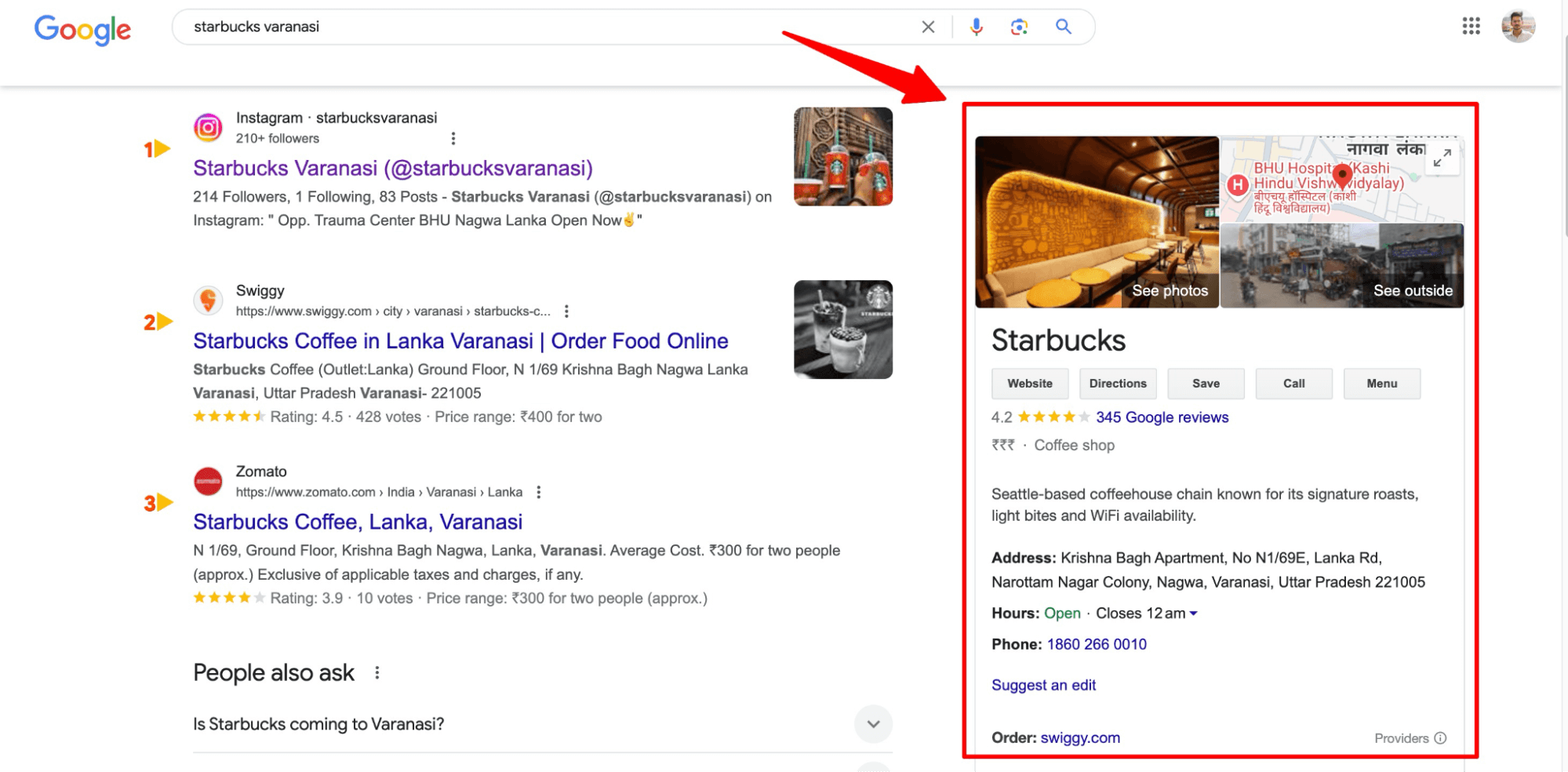Example of Starbucks Google Business Profile.