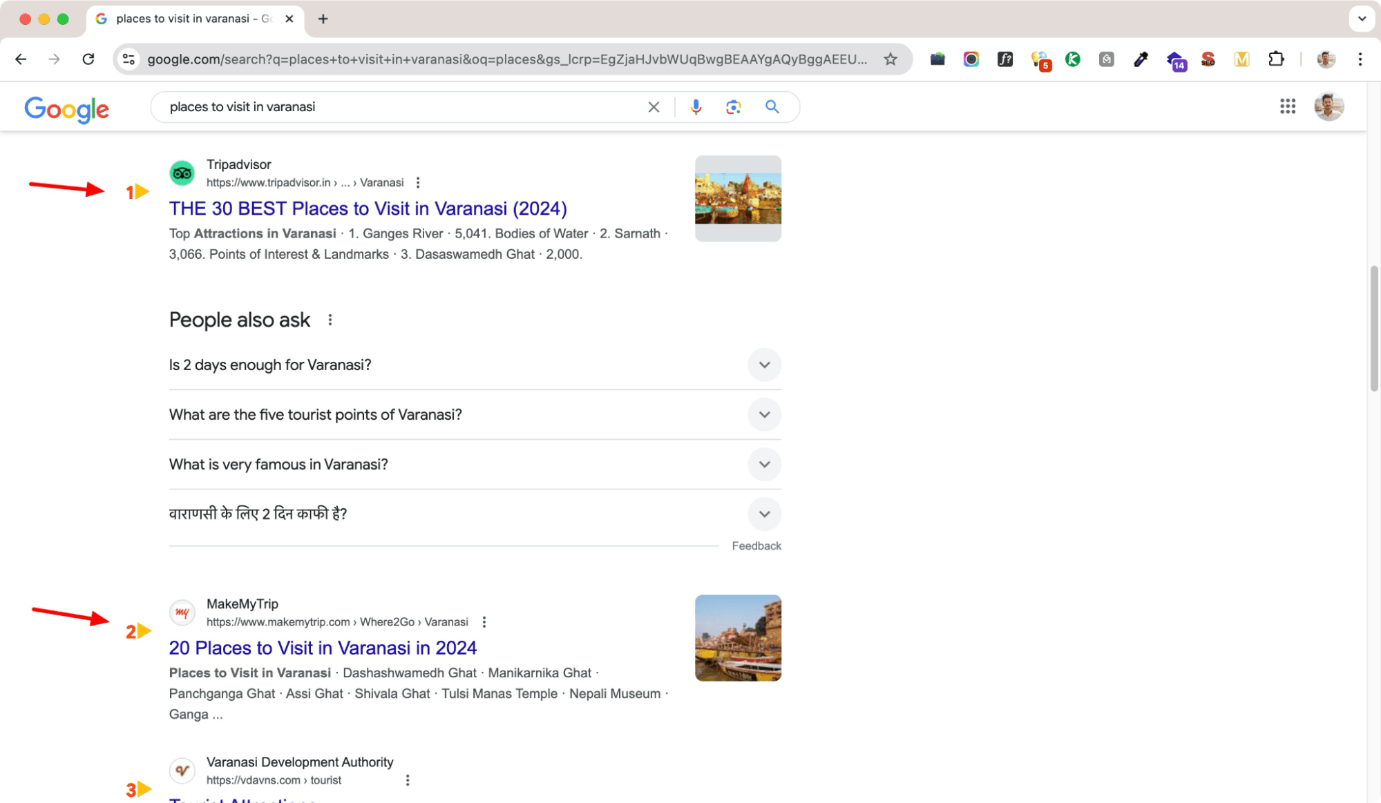 Google SERP results for places to visit in Varanasi search.