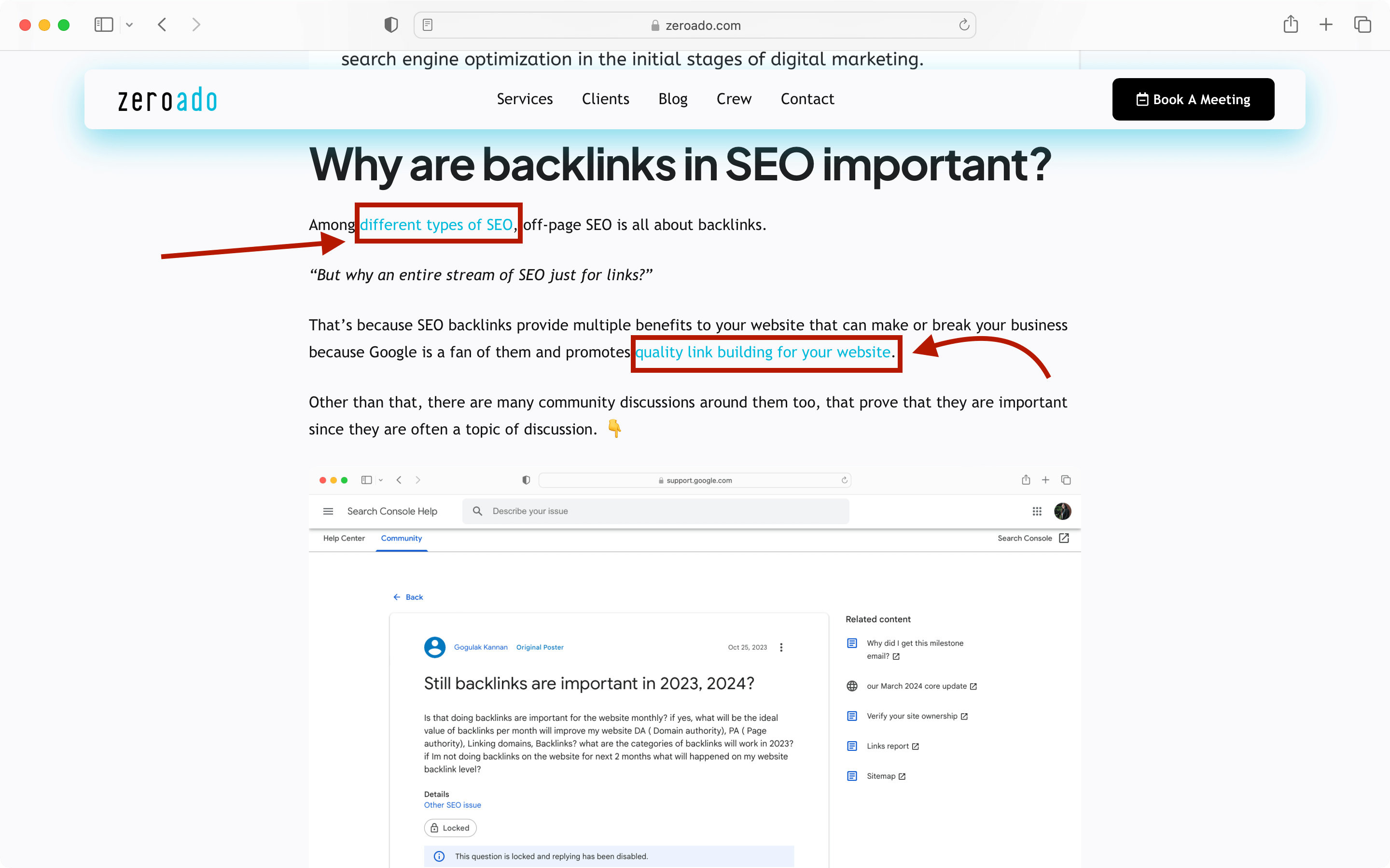 Example of internal linking by ZeroAdo to improve website authority. 