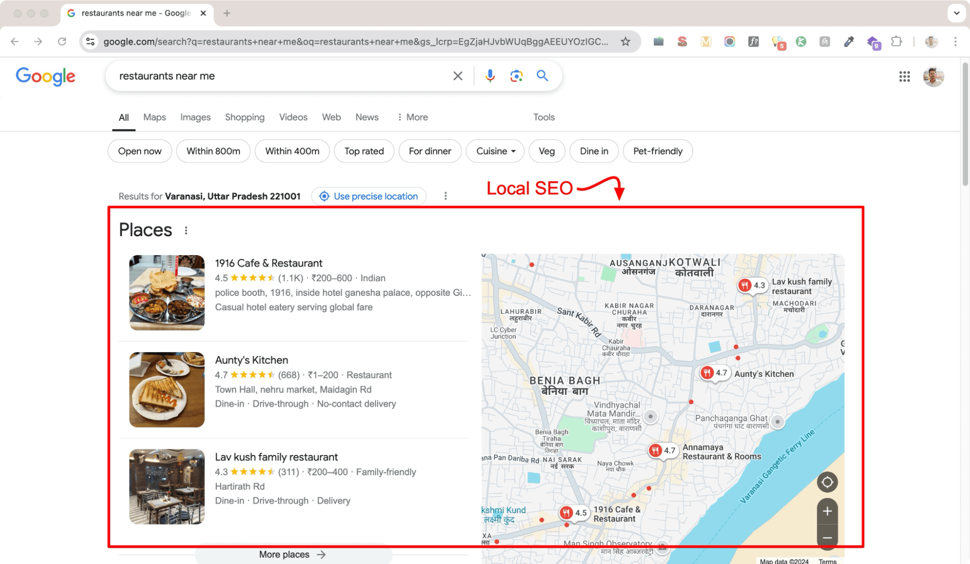 Local SEO results for restaurants near me search.