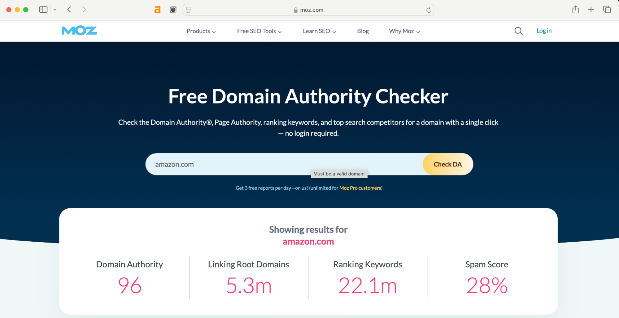 Moz Link Explorer is a tool to check domain authority.