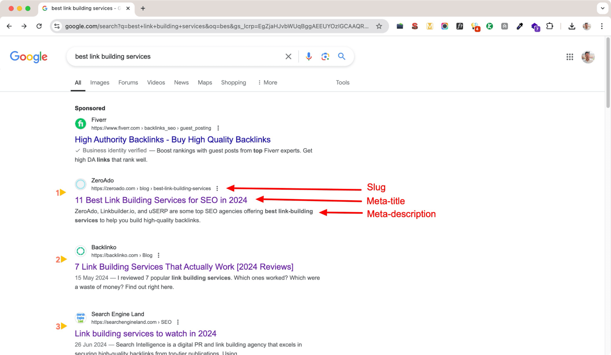 Searching in google with a query of best link building services - SEO for B2B companies.