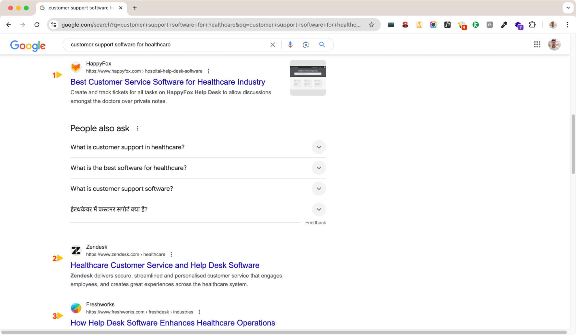 Searching in Google with a query of customer support software for healthcare - SEO for SaaS.