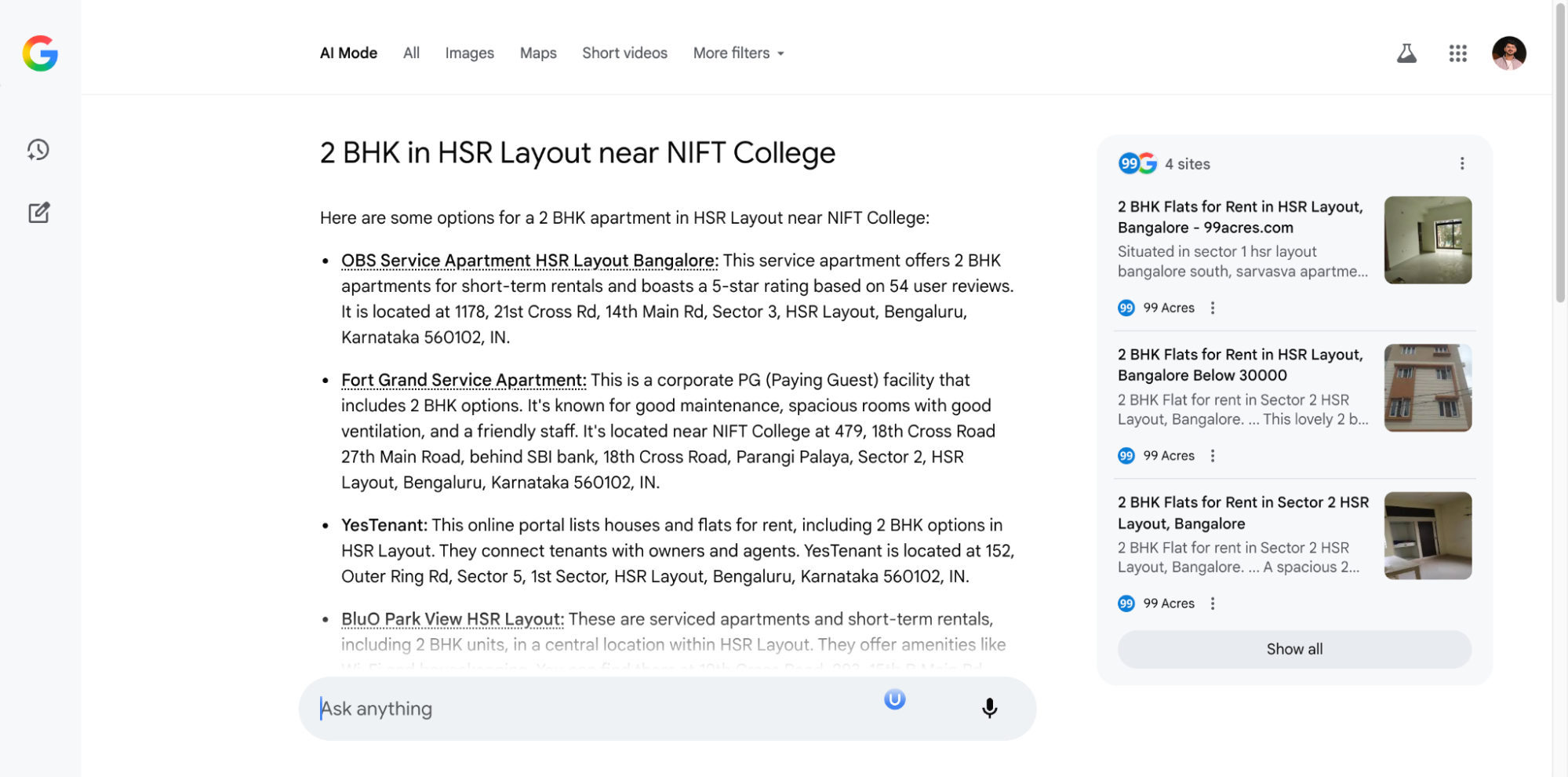 Google AI Mode search result for “2BHK in HSR Layout near NIFT College.”