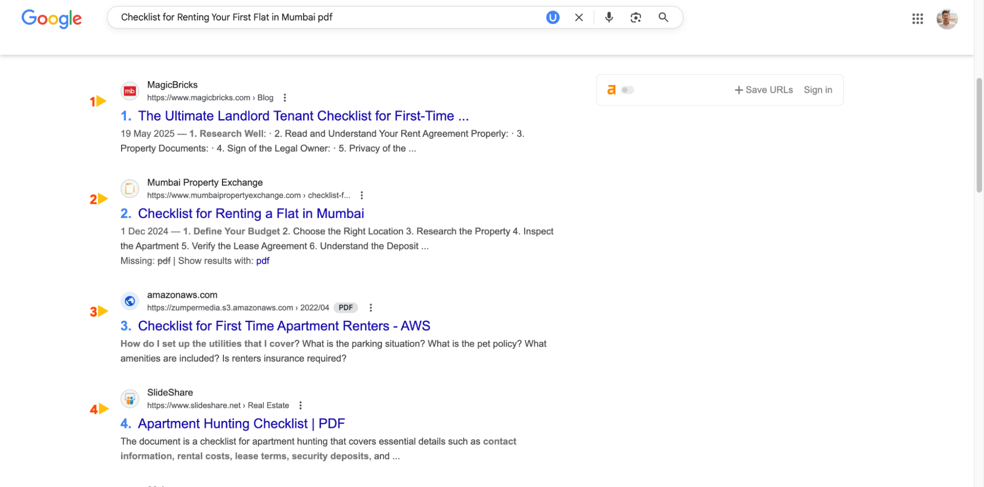 Google search results for checklist for renting your first flat in Mumbai.