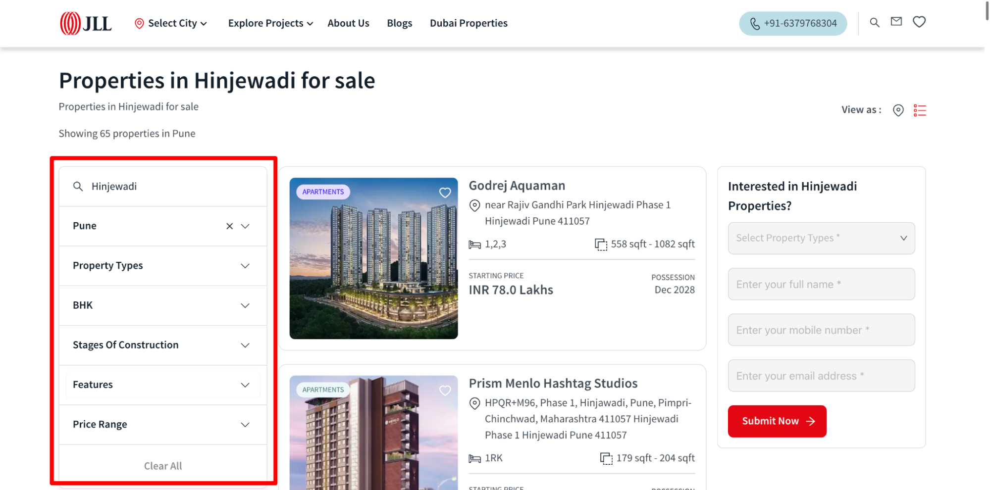 Internal search on a real estate website with filters for location, budget, and property type.