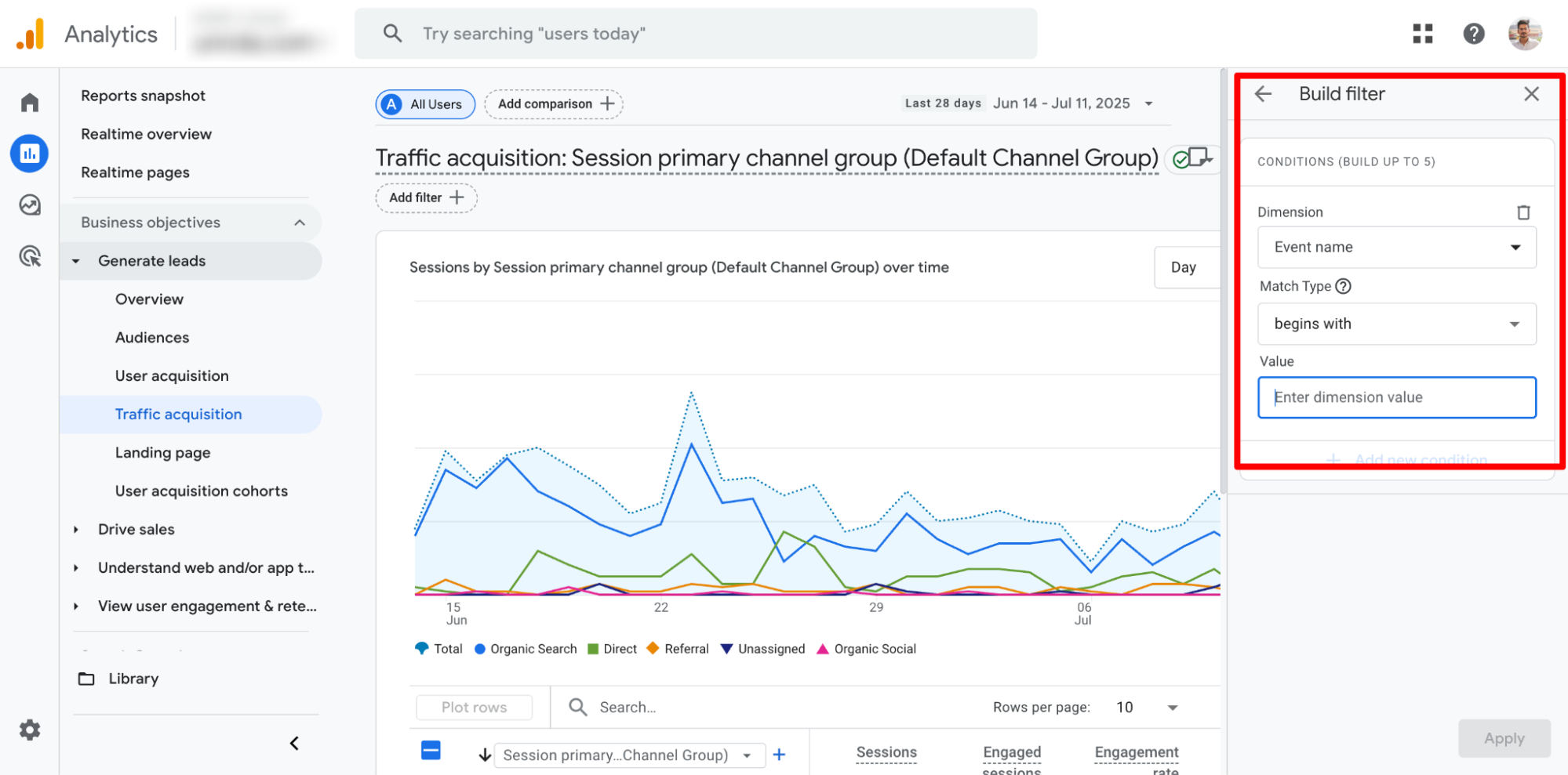 Revenue and goal completions from organic traffic shown in GA4.