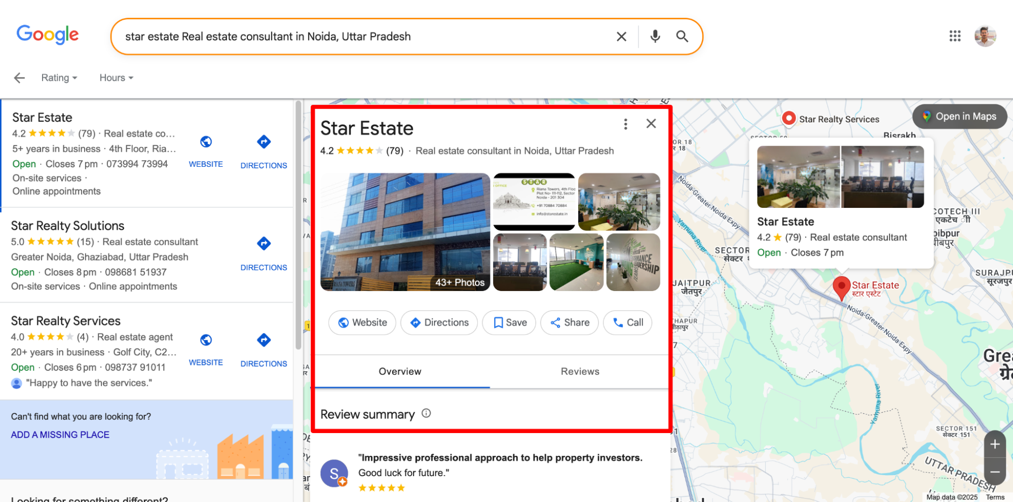 Star Estate’s Google Business Profile showcasing verified real estate services and contact details.