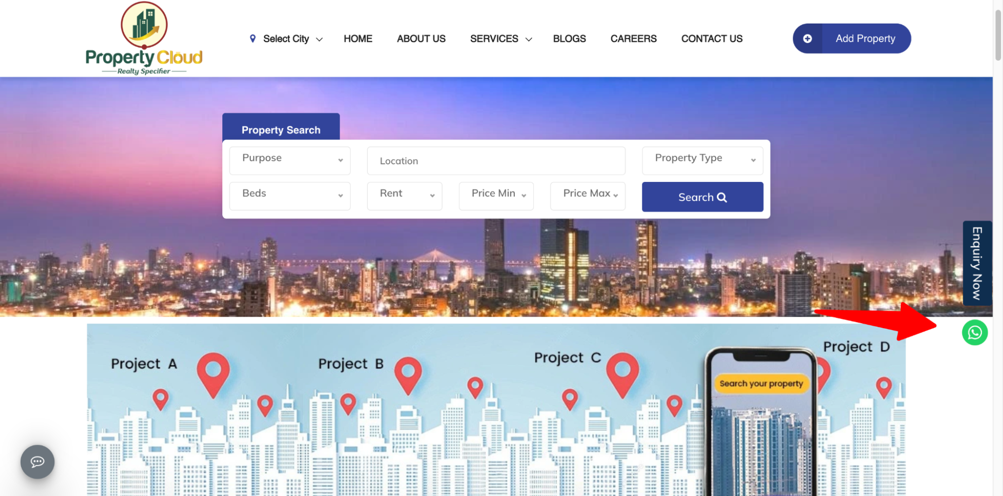 WhatsApp chat widget added on a real estate website for faster conversions.