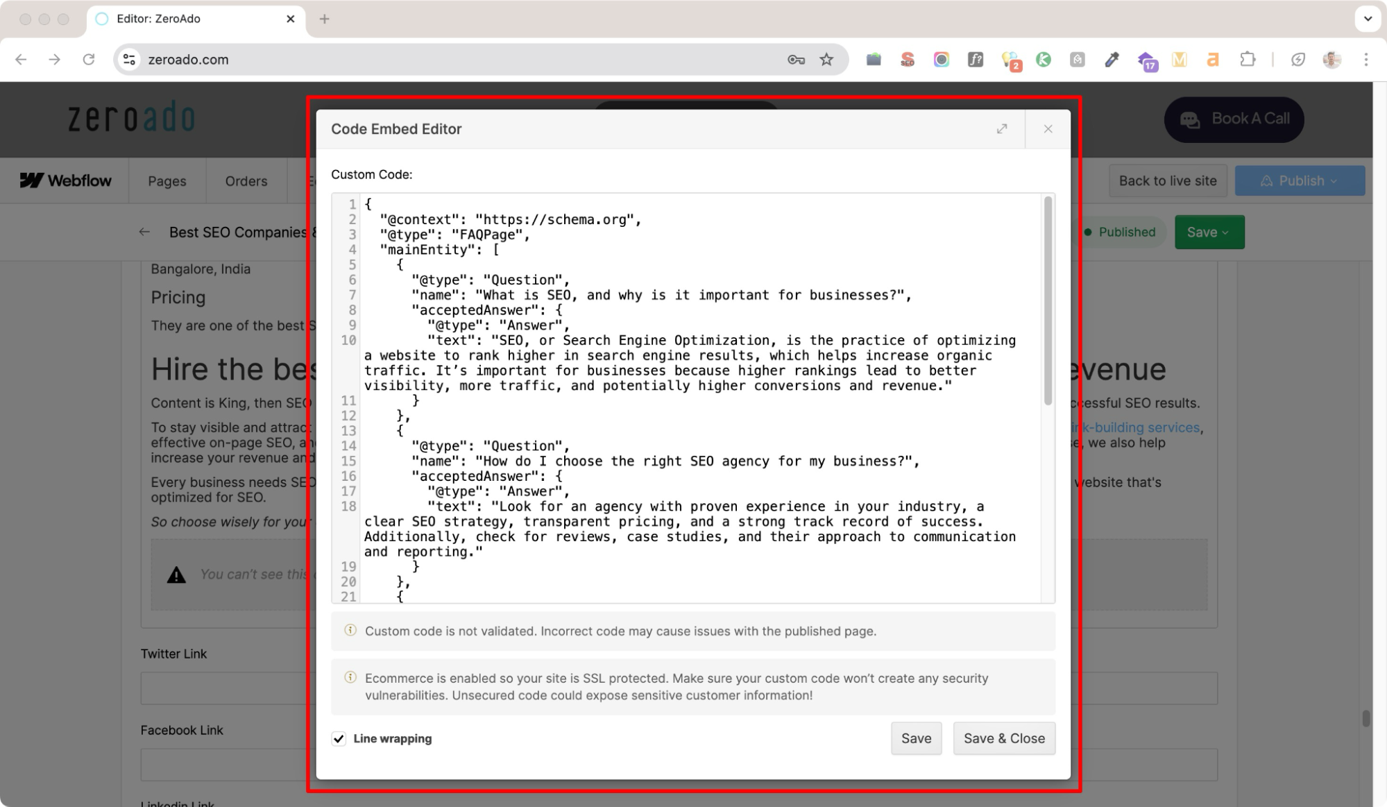 Adding code to the body of the page using webflow dashboard.