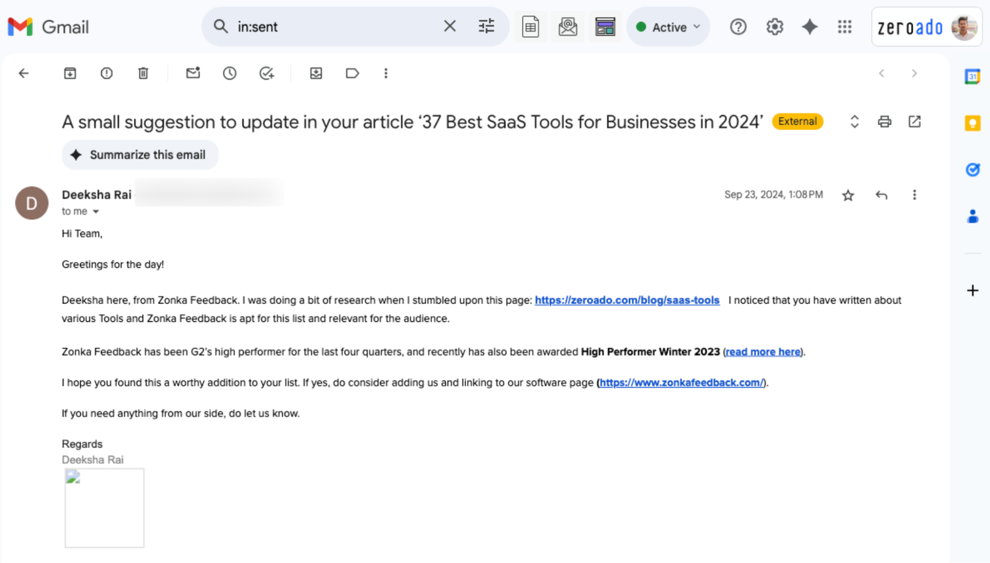 Example of blog outreach services through a real SEO link building email.