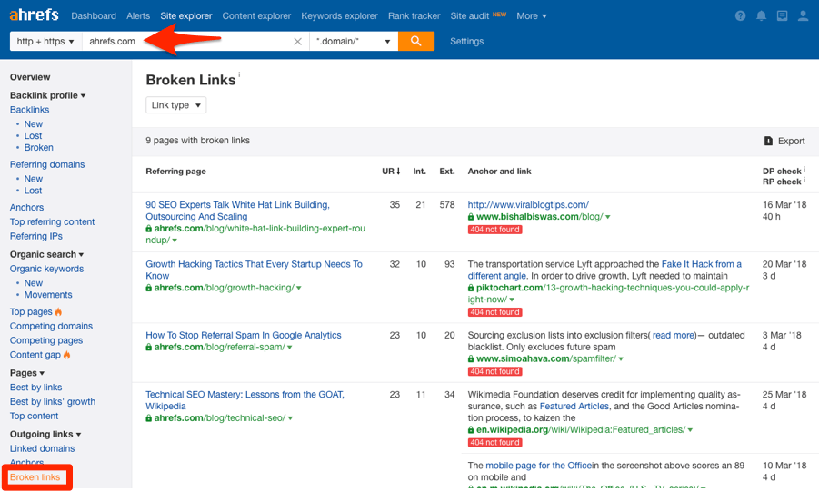 Example of broken link building services using Ahrefs to find opportunities.