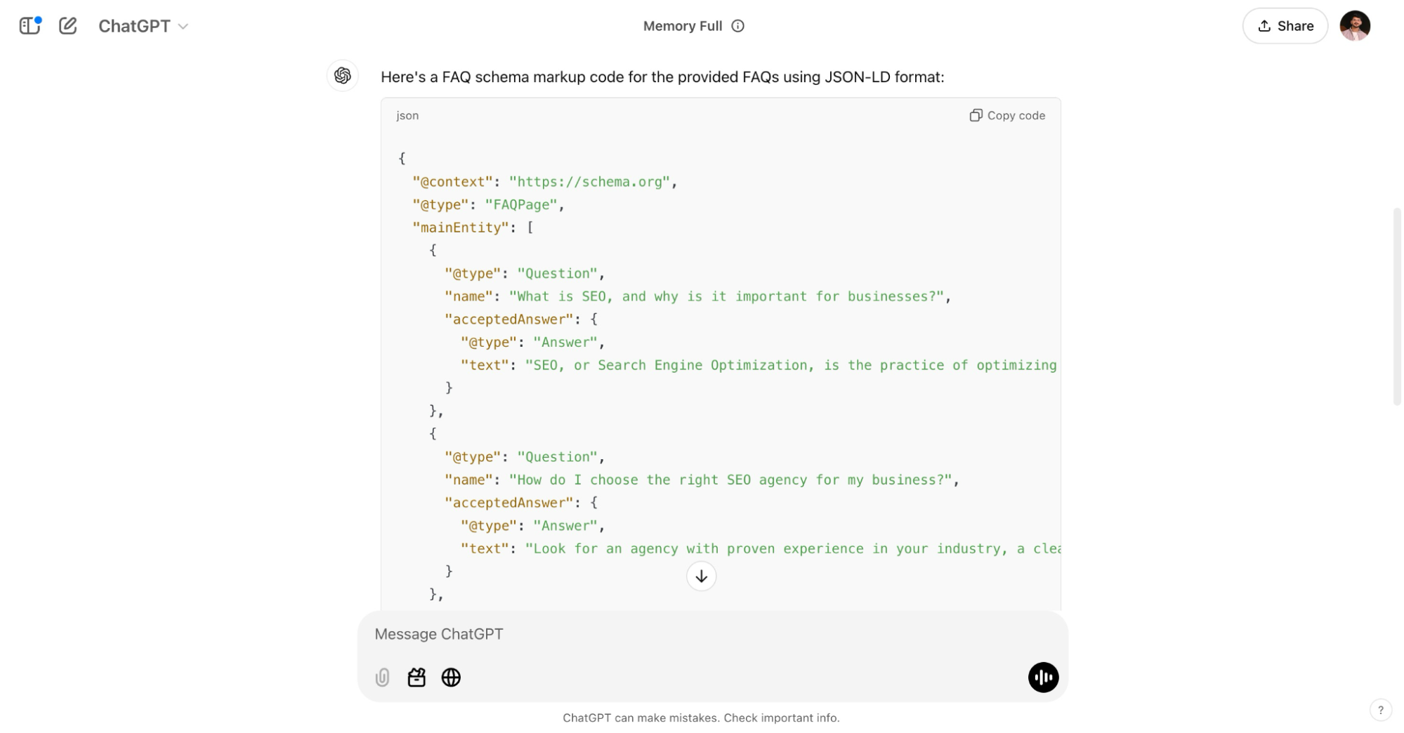 ChatGPT returns the schema markup code for improving technical SEO for websites.