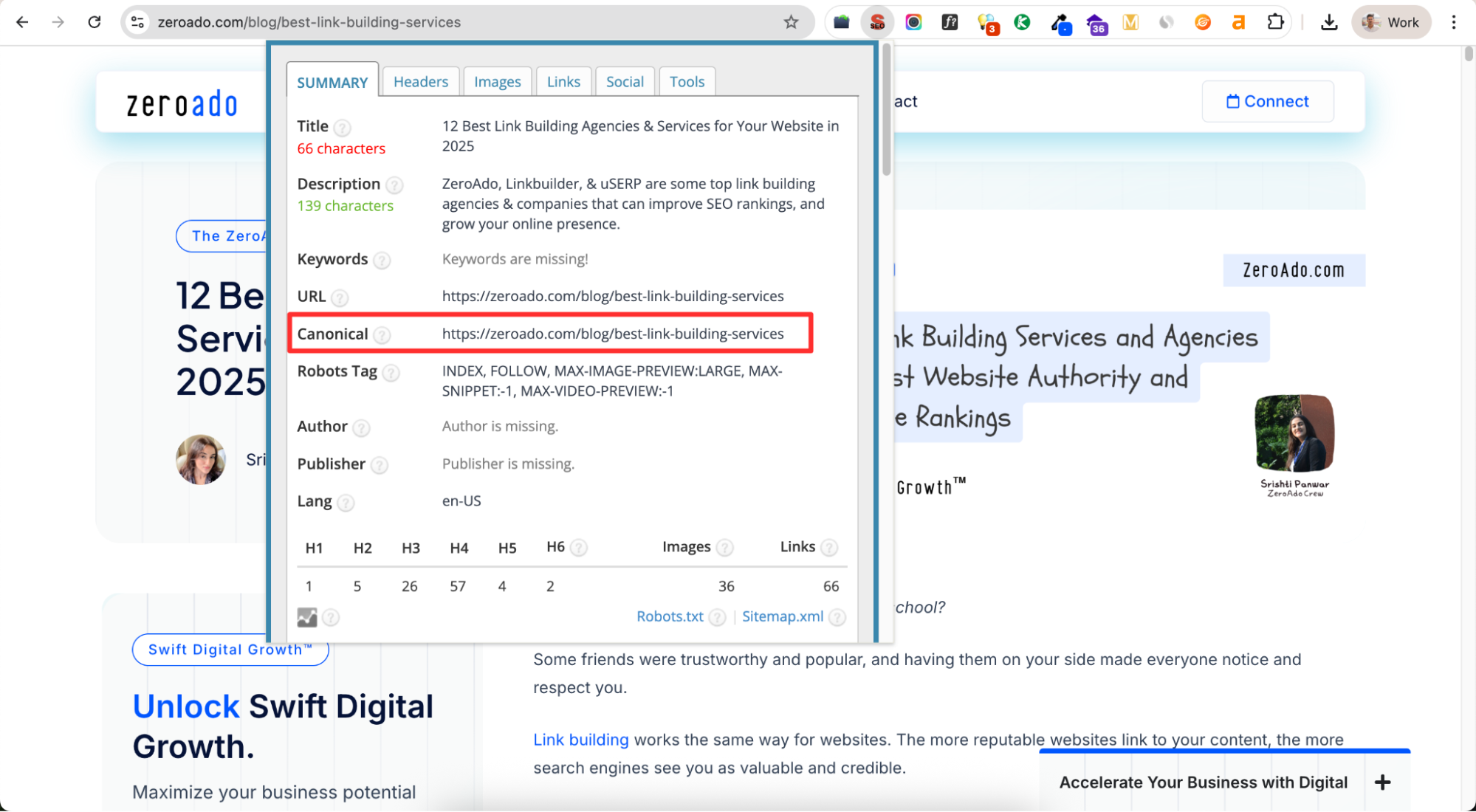 Example of canonicalization from ZeroAdo link building services blog.