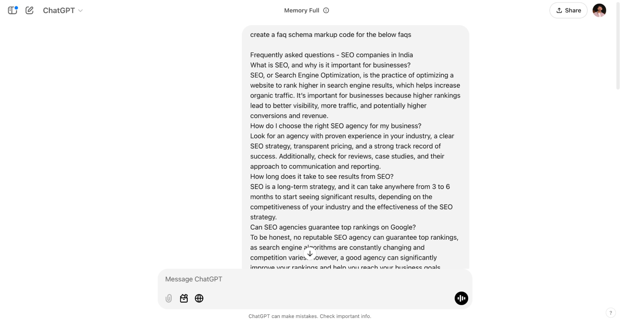 Giving a command to ChatGPT to generate schema markup code for FAQs.