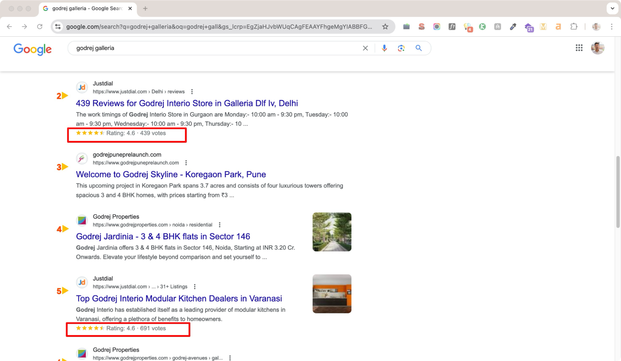 Showing structured data with Google search results for Godrej galleria query.