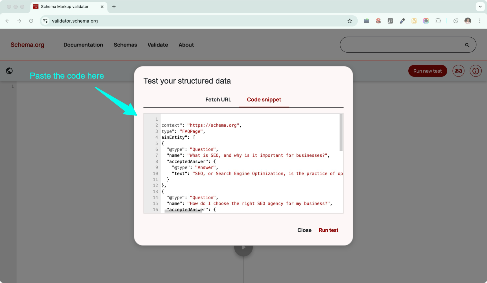 Testing code in schema markup validator before implementing it over site.
