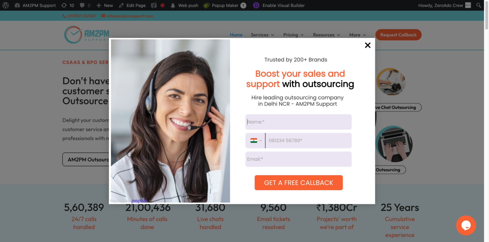 Popup screenshot of AM2PM Support showing conversion rate optimization done by ZeroAdo.