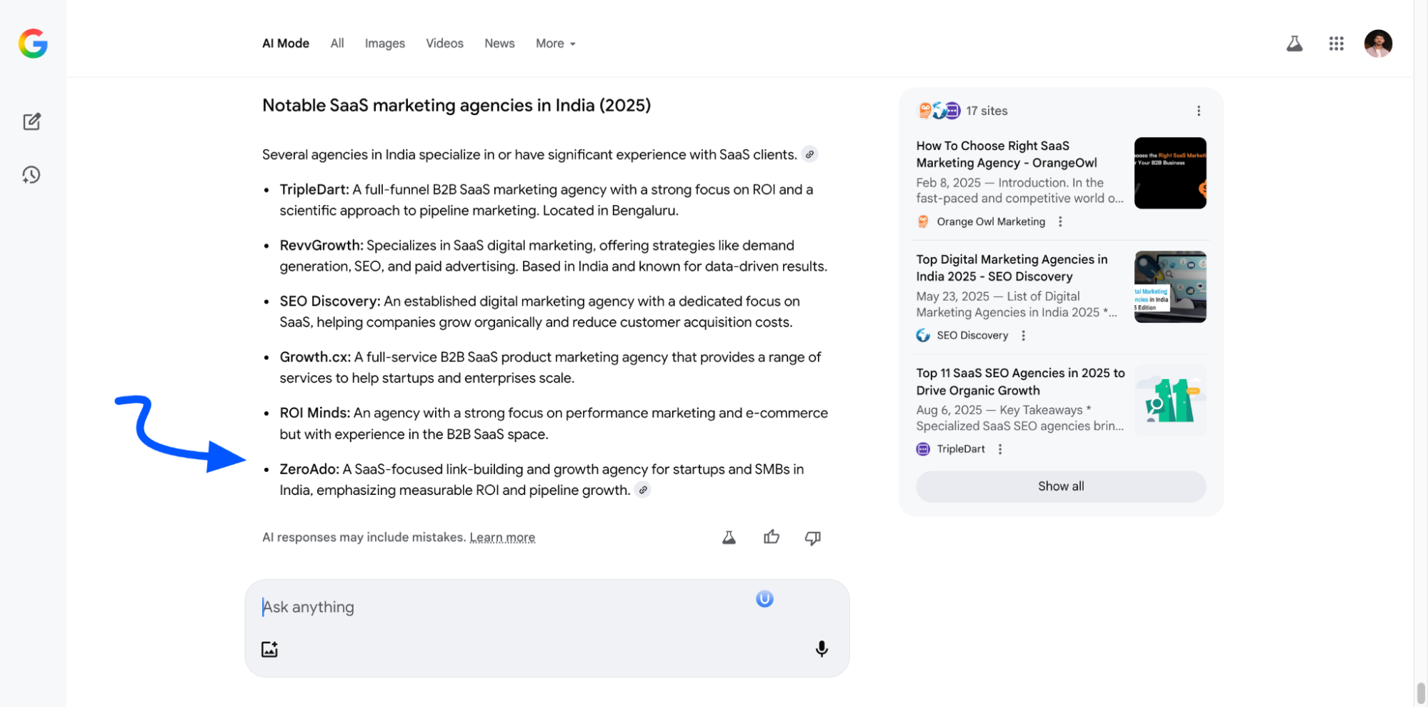 Screenshot of Google AI results showing SaaS marketing agencies in India.
