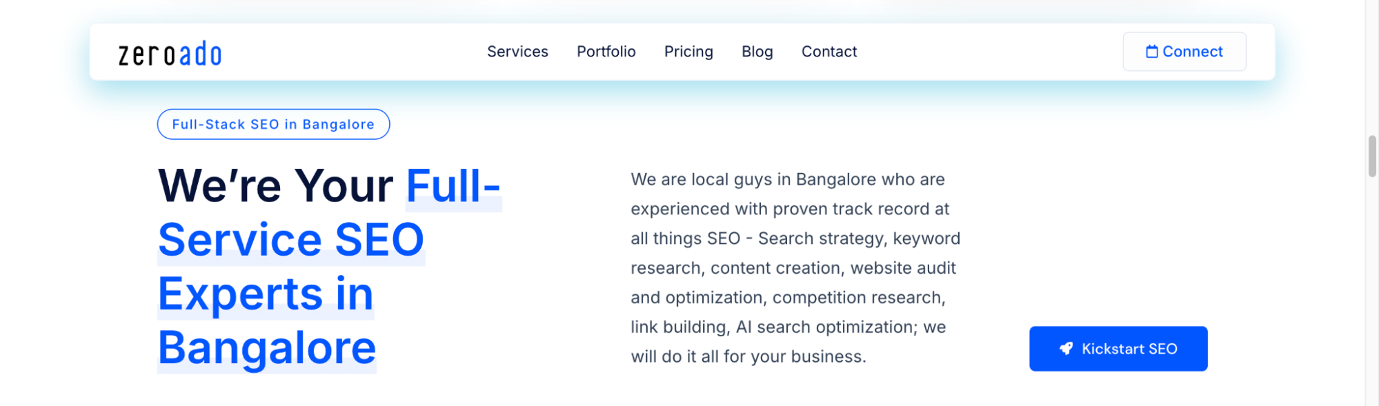 List of SEO services offered by ZeroAdo in Bangalore.
