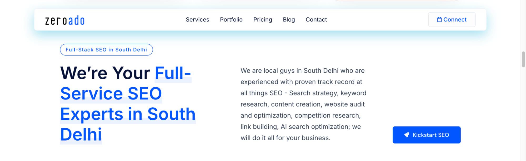 List of SEO services offered by ZeroAdo in South Delhi.