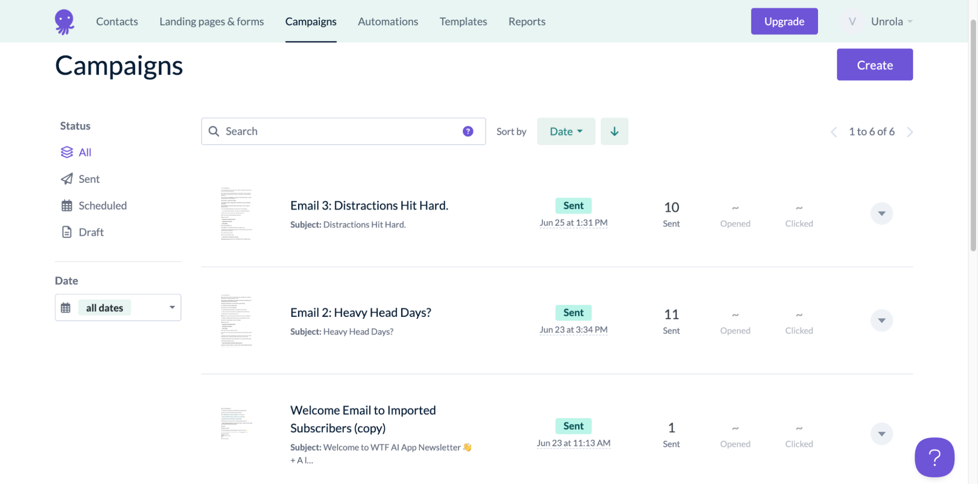 Email campaign screenshot for Unrola showing Email marketing by ZeroAdo.