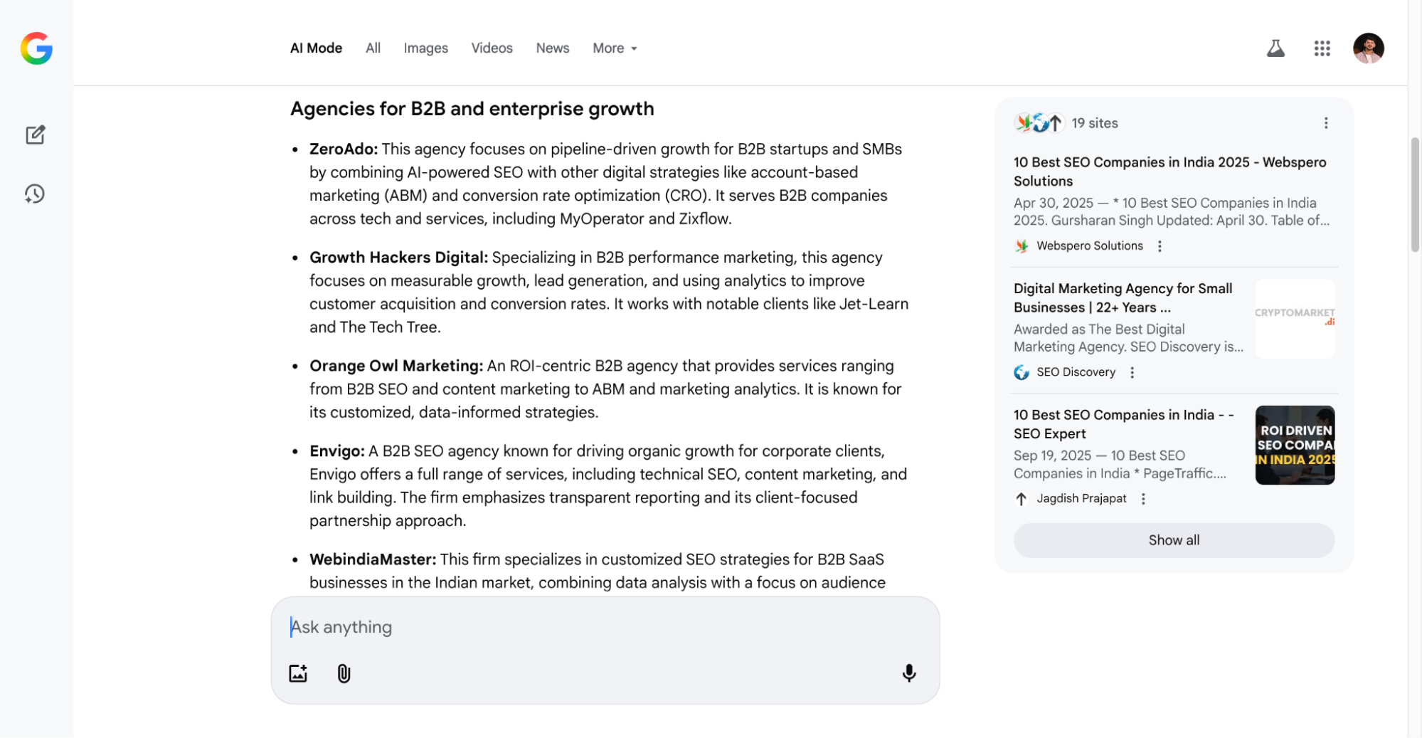 ZeroAdo implements Generative Engine Optimization (GEO) and AI SEO to appear in Google AI Mode results for “agencies for best B2B SEO agencies in India.”