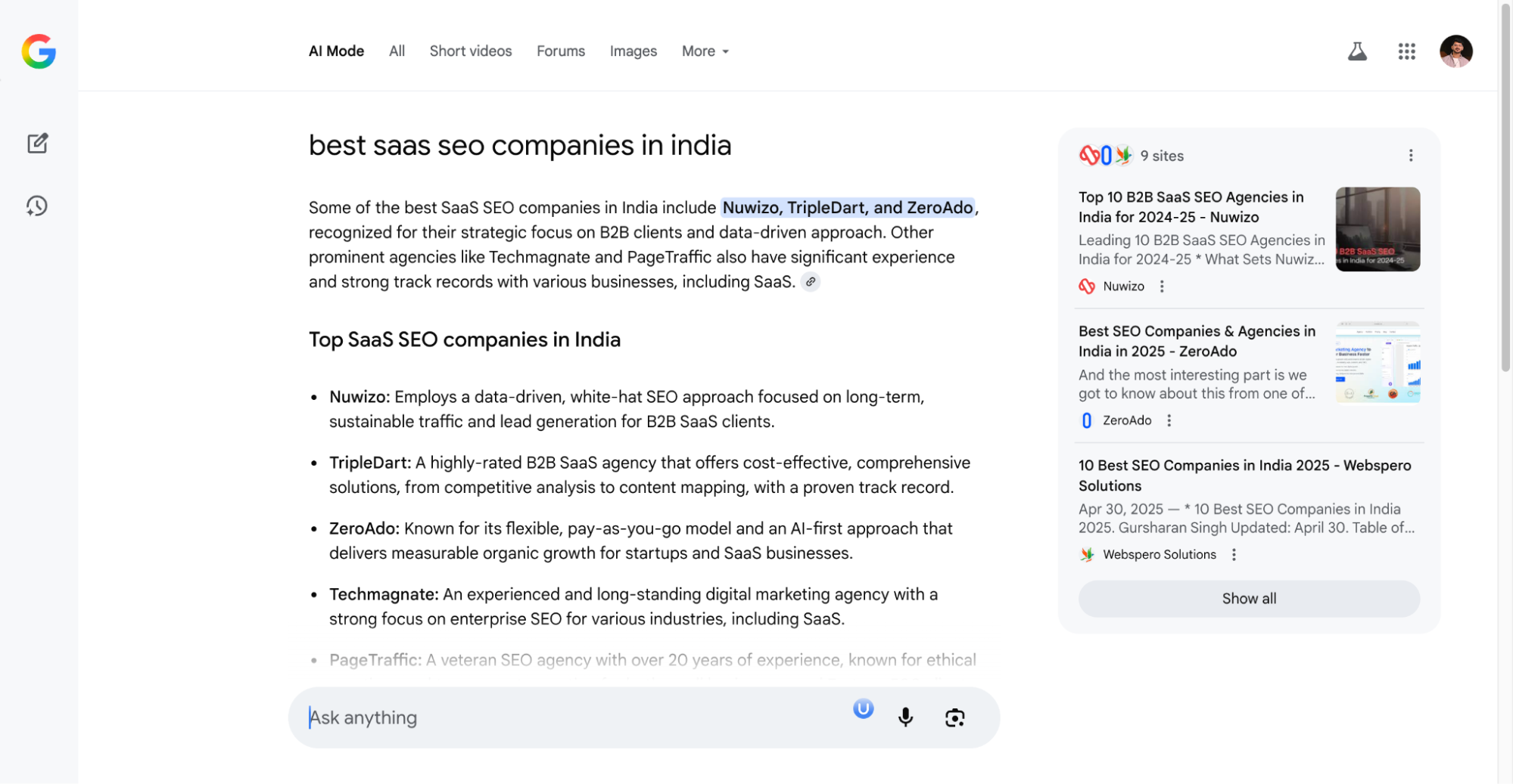 ZeroAdo uses Generative Engine Optimization (GEO) and AI SEO to appear in Google AI Mode results for “best SaaS SEO companies in India.”