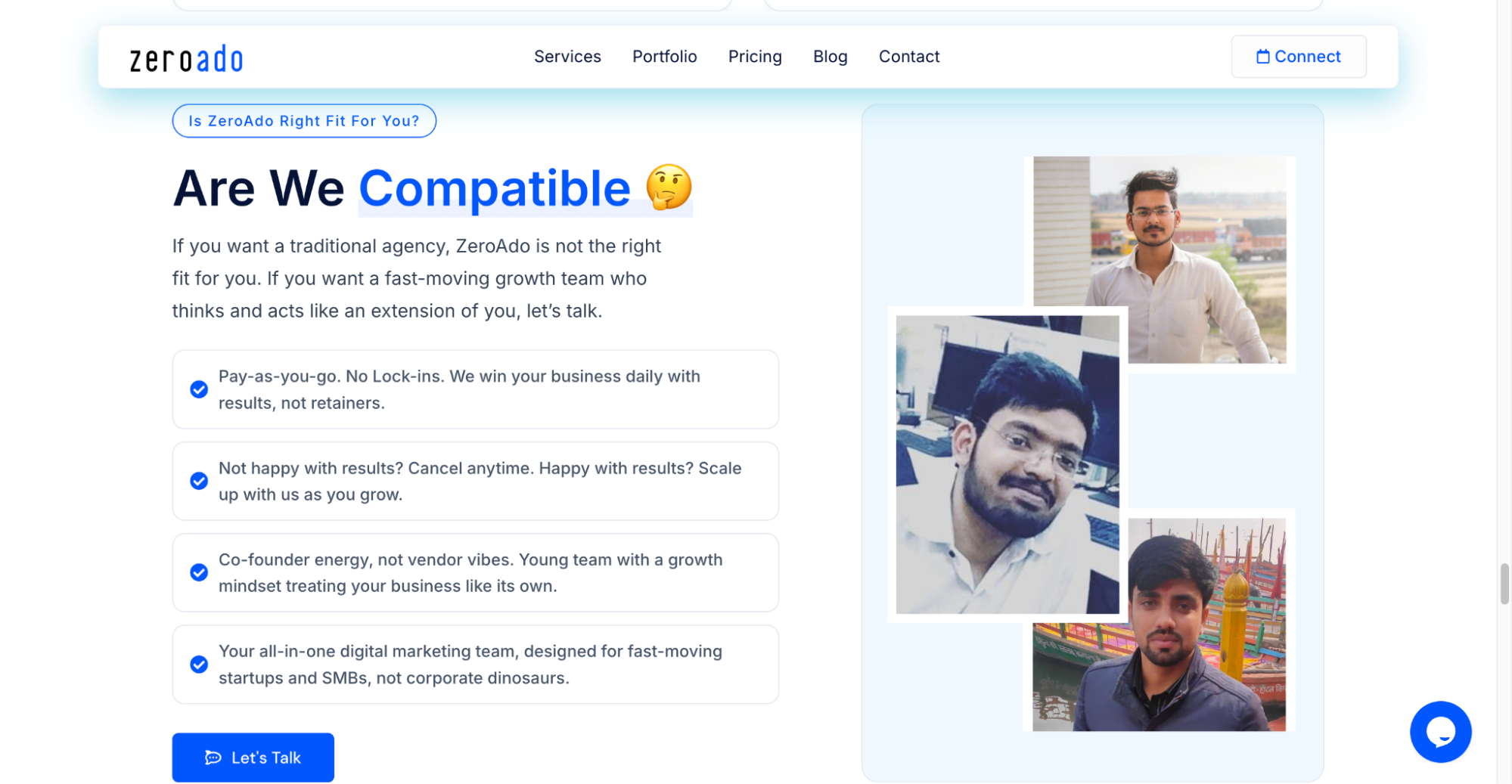 Pricing model of ZeroAdo showing flexible pay-as-you-go SEO services.