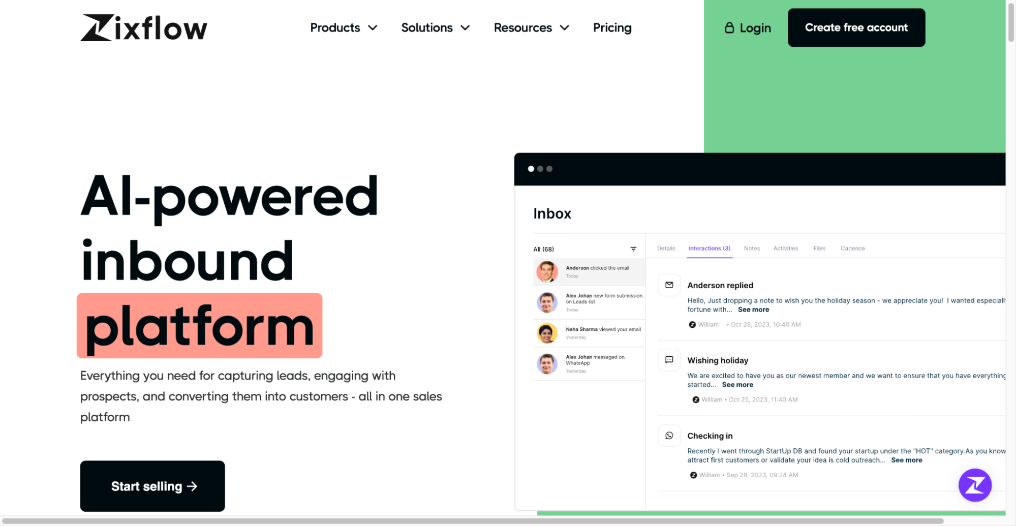 Screenshot of the Zixflow AI platform dashboard showing inbound sales software landing page.