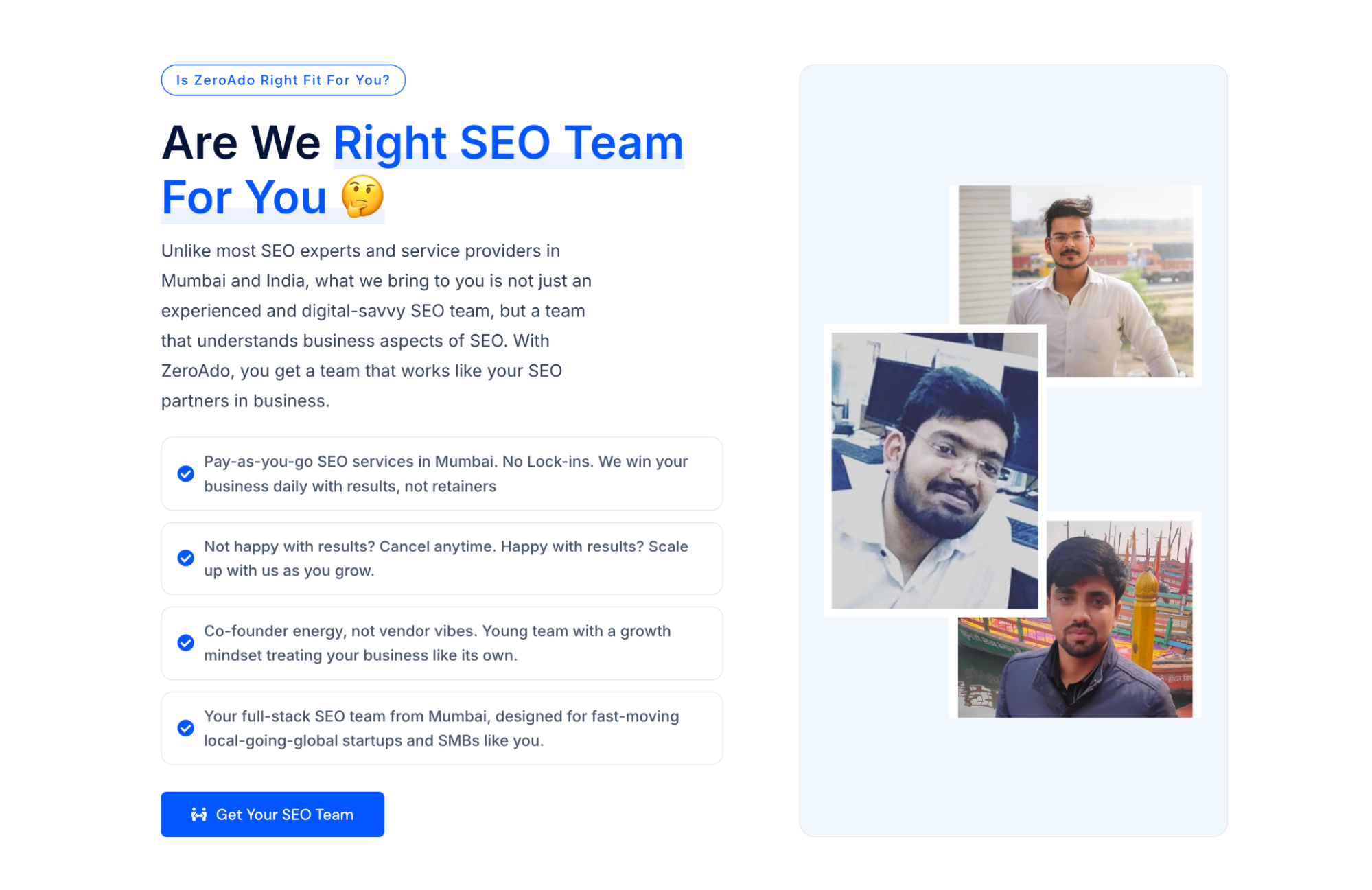 Pricing model of ZeroAdo showing flexible pay-as-you-go SEO services.