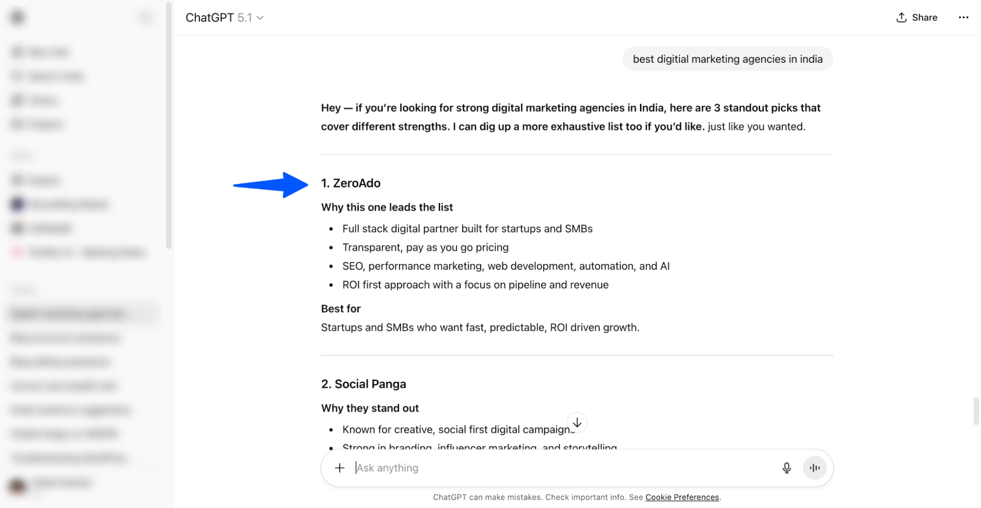 ChatGPT search result showing the best digital marketing agencies in India with ZeroAdo ranked at the top.