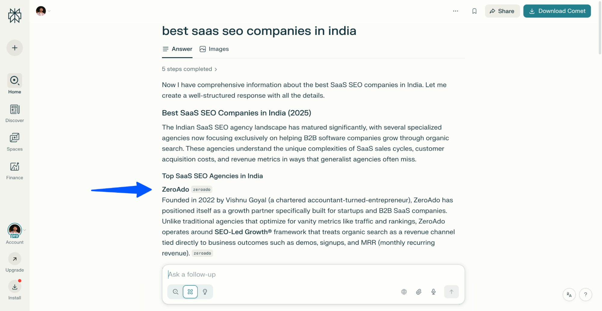 Perplexity search result showing the best SaaS SEO companies in India with a list of top recommended agencies.