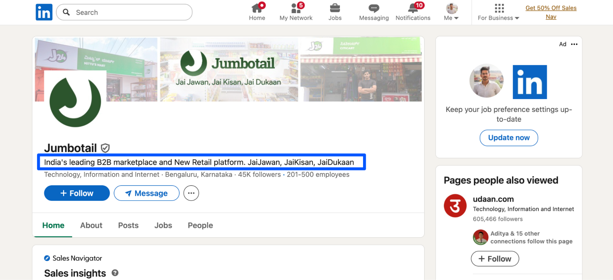 Jumbotail’s official LinkedIn profile highlights its journey as a leading B2B kirana startup in Bangalore.
