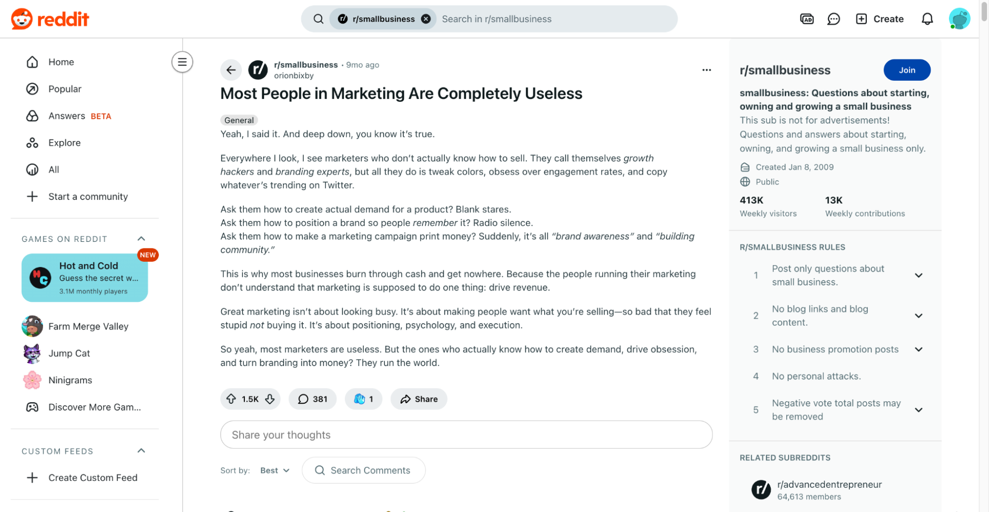 Screenshot of a frustrated business owner on Reddit sharing concerns about marketing results.