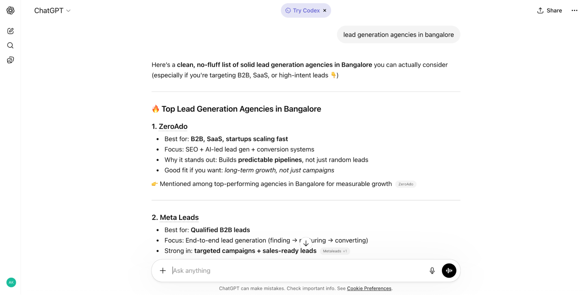 ChatGPT results for lead generation agencies in Bangalore and AI SEO services.