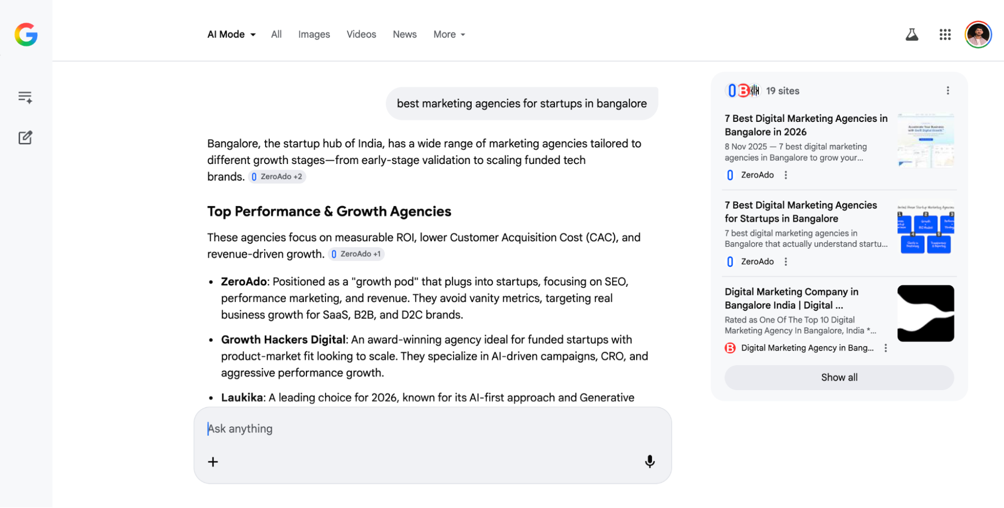 Google AI mode results for best marketing agencies in Bangalore for startups.