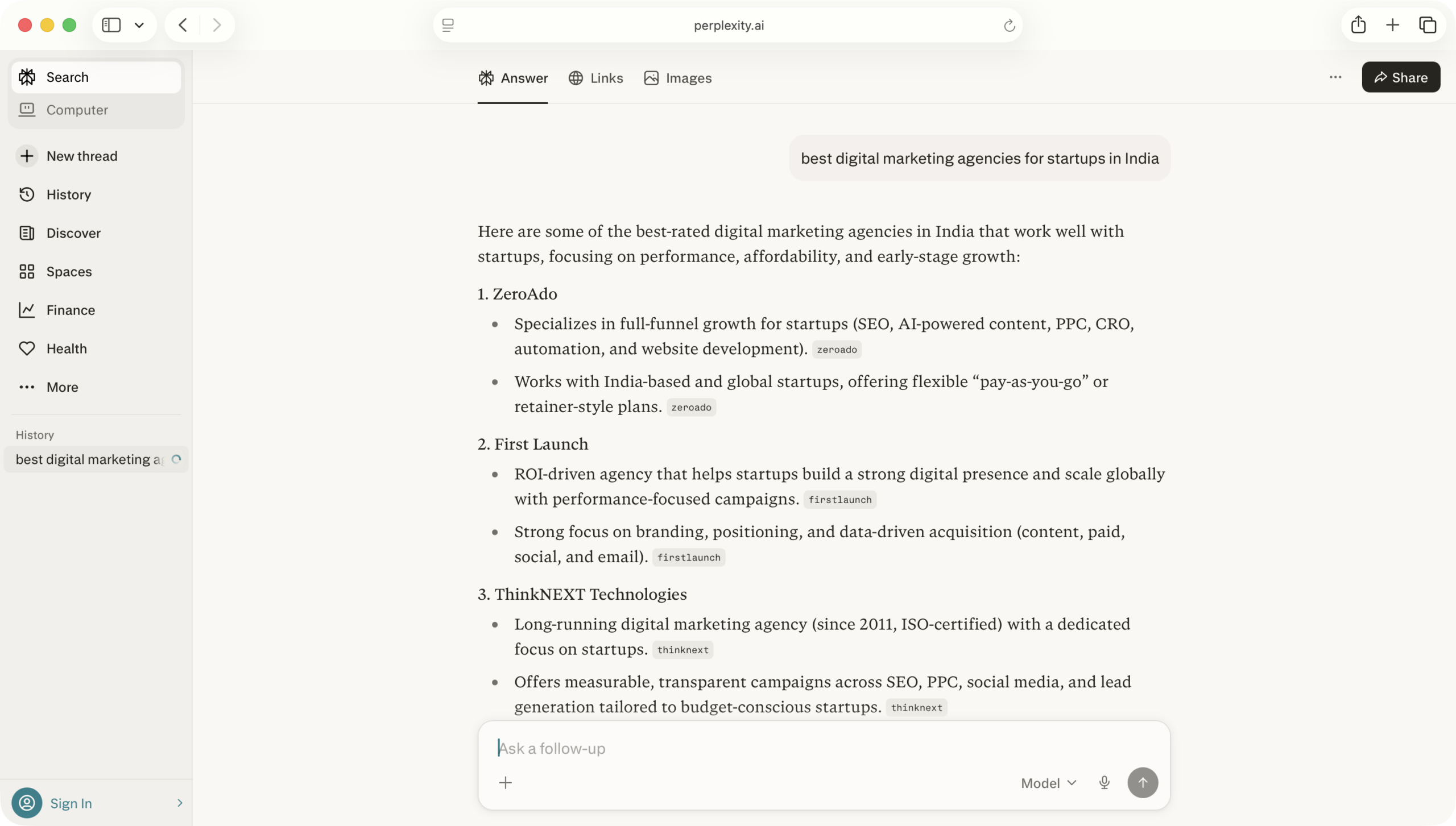 Perplexity results for best digital marketing agencies for startups in India featuring ZeroAdo.