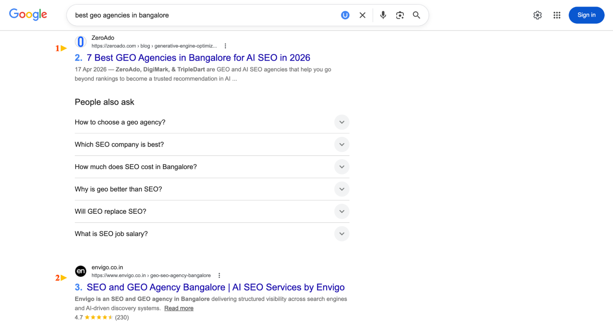 Google search results example for traditional SEO rankings.