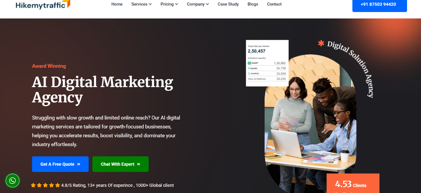 HikeMyTraffic homepage showing AI SEO, generative engine optimization, and digital marketing services for business growth.
