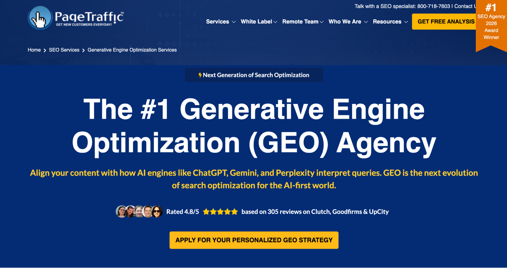 PageTraffic homepage showing AI SEO, search engine optimization, and digital marketing services for businesses.