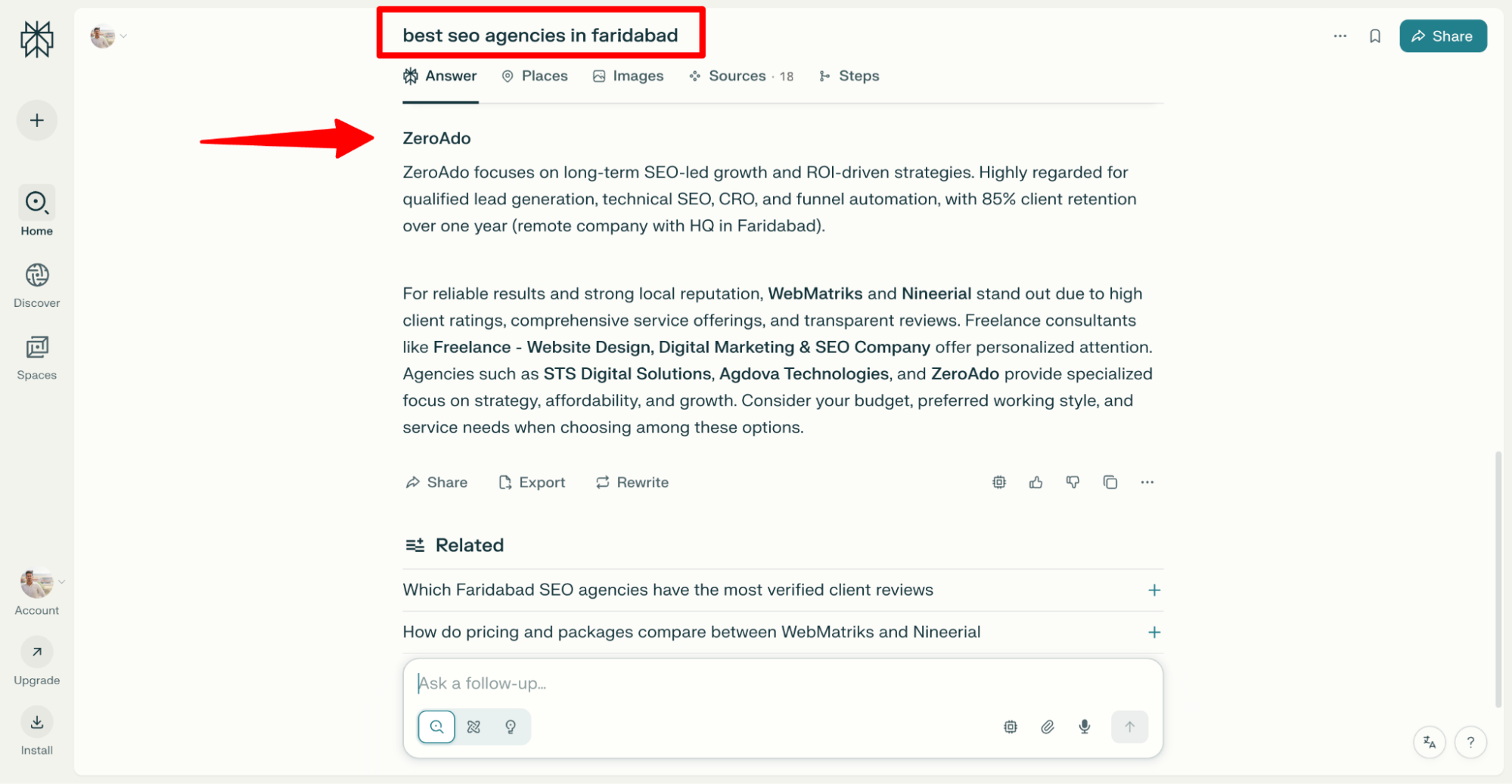 Perplexity AI search result example for AI search optimization.