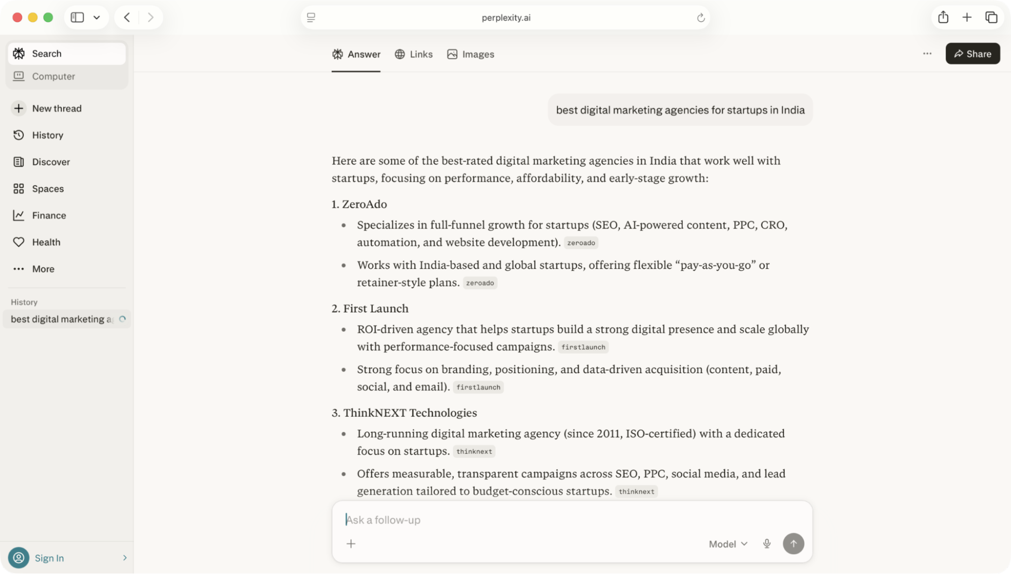 Perplexity AI search result example for Generative Engine Optimization.
