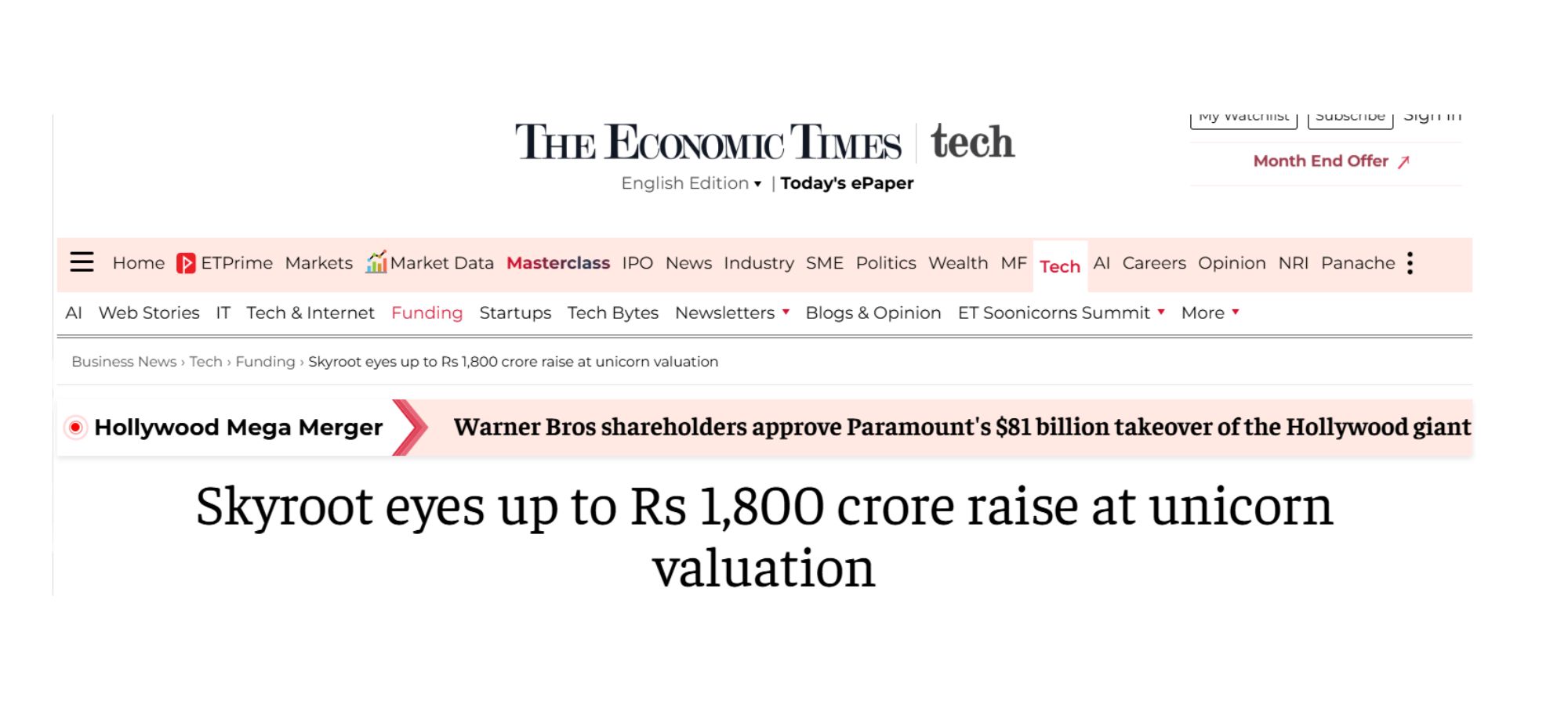 Economic Times highlights Skyroot’s ₹1,800 crore fundraising plan and growing investor confidence.